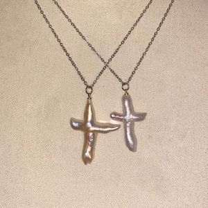 Stainless Steel Baroque Freshwater Pearl Cross Necklace